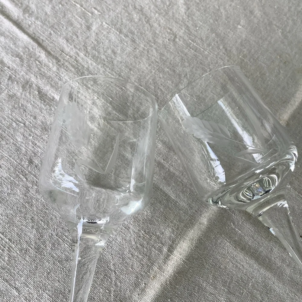 Pair of Vintage Etched Wheat Stemmed Sherry Glasses